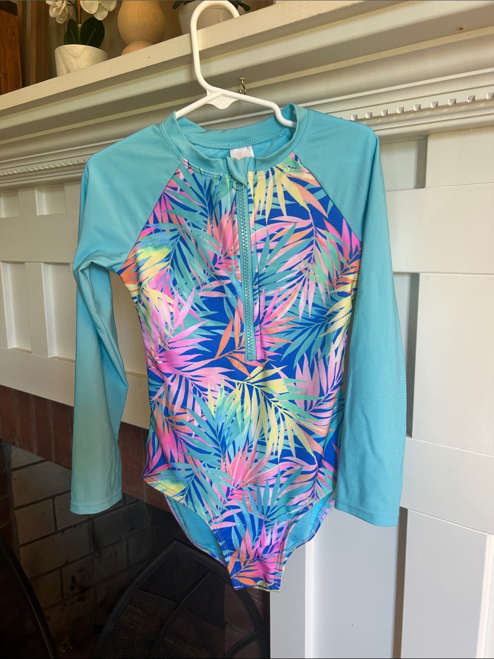 Girls Blue Tropical Palms Rashguard Swimsuit Size 6/7